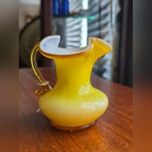 Vintage Kanawha Yellow Cased Art Glass Hand Pinched Flared Mini Pitcher GLOWS
